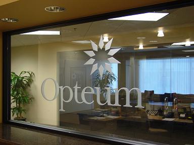 Custom Sandblasted Glass Sign for Opteum Financial Services in Foothill Ranch CA